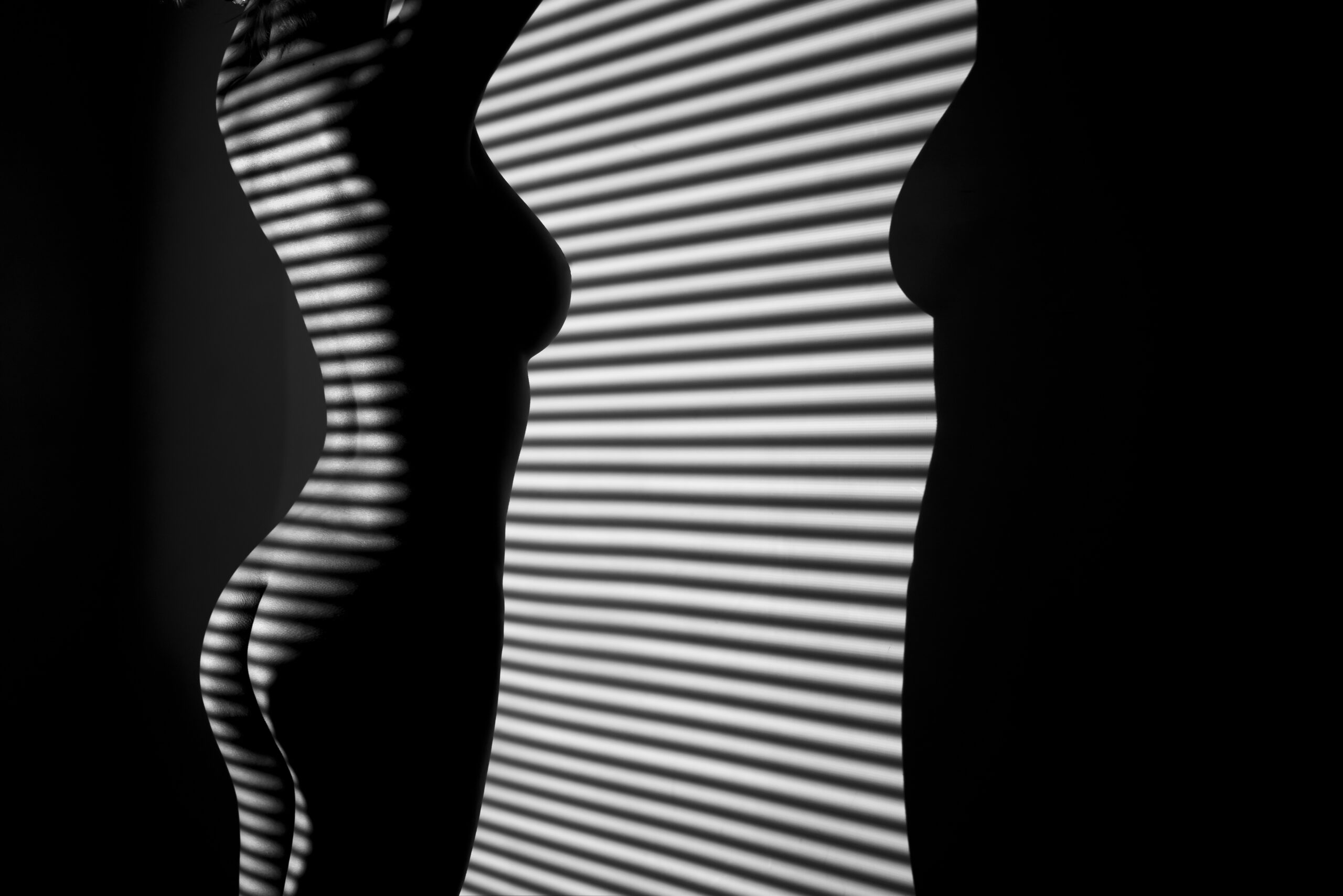 A woman stands nude after fucking a porn star, pictured in black and white with her silhouette against the wall.