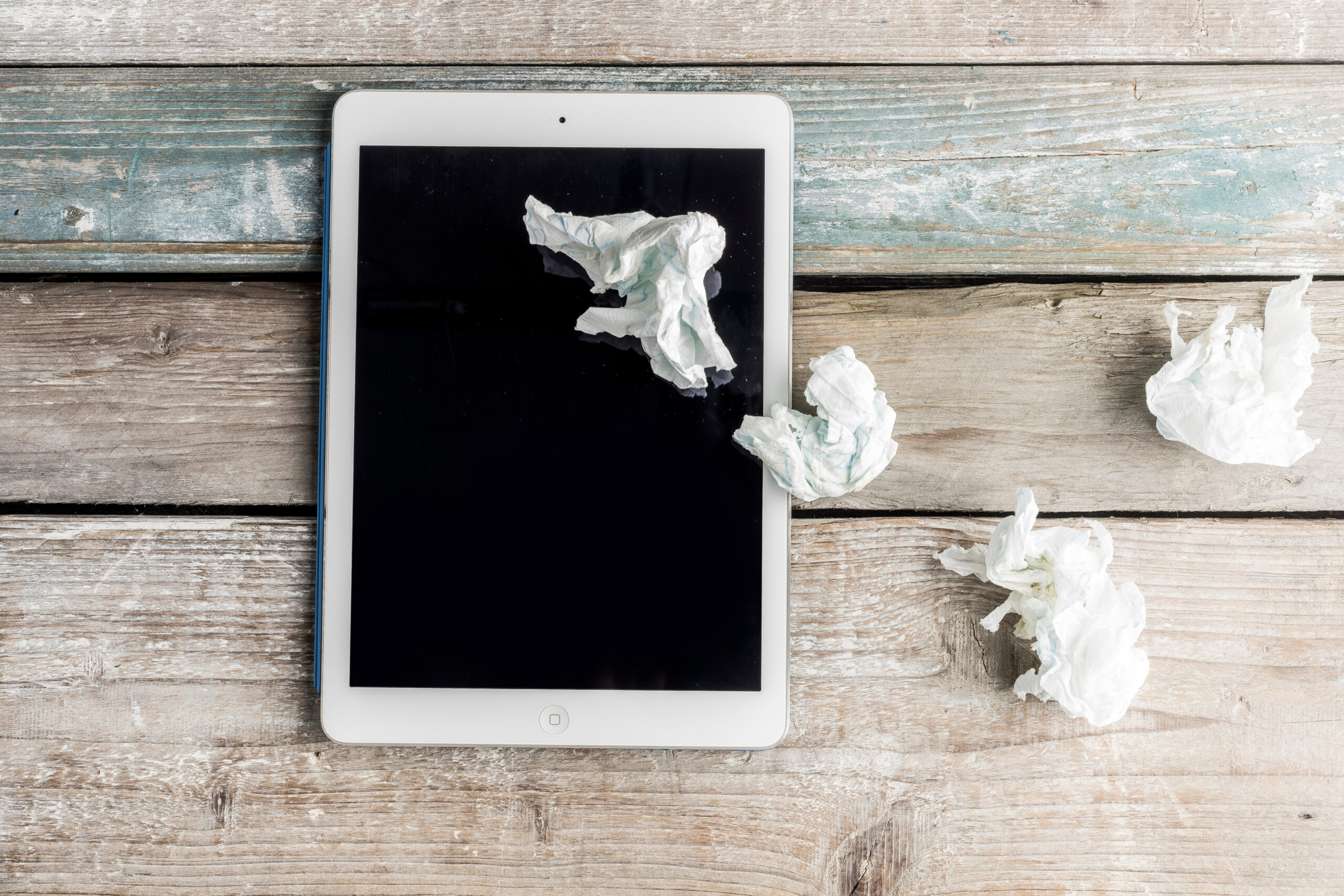 tablet with crumbled tissue because someone has been experimenting with edging